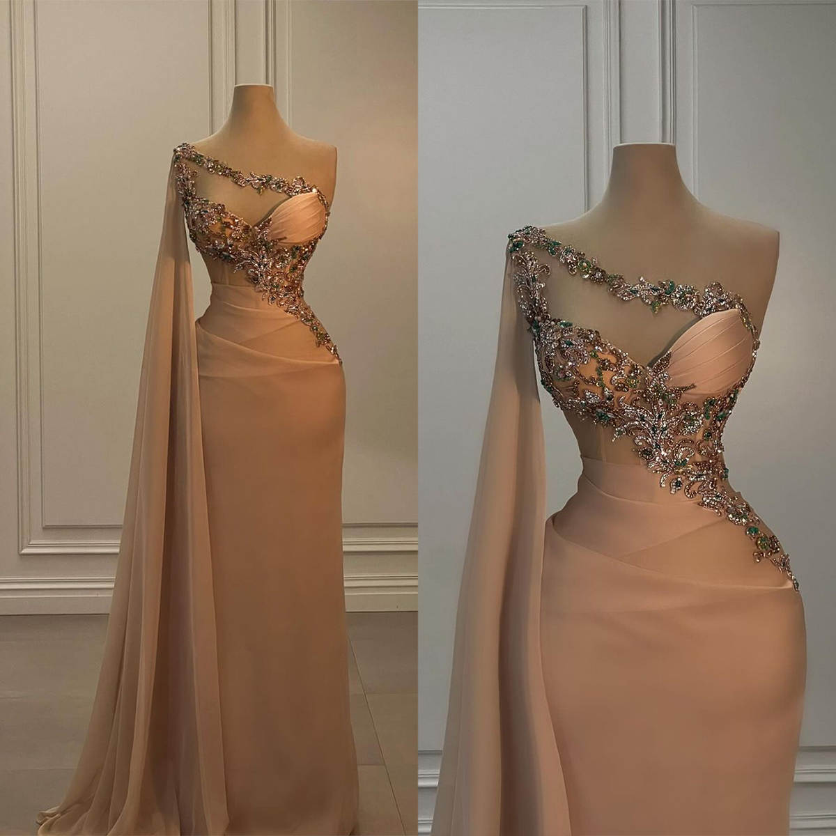 Elegant Evening Dresses Formal Mermaid Crystal Beading Prom Party Gowns Custom Pleats Special Occasion Dresses