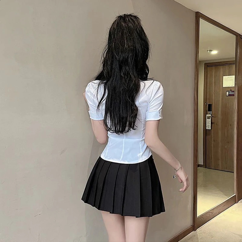 Xpqbb White Shirts for Women Korean Style Slim Fit Short Sleeve Cropped Blouse Ladies Preppy Student Turndown Collar Shirt 240723