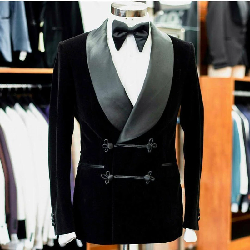 Slim Fit Men Suits for Wedding Double Breasted Groom Tuxedo Black Velvet Fashion Designer Party Jacket with Pants 2 Pieces 2024