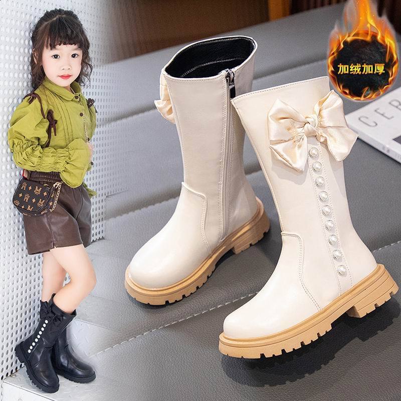 Girls cotton boots childrens fashion princess bow pearl 2023 autumn and winter new item childrens plush warm high tube 221128