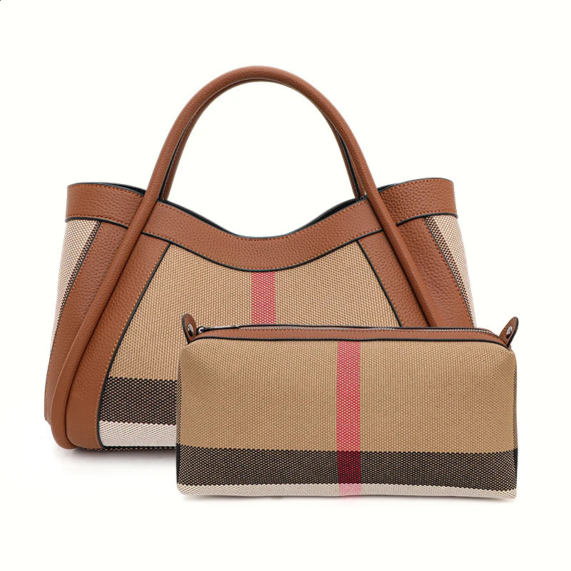 2025 Retro Checkered Womens Handbag Fashionable Advanced Large Capacity Canvas with Cowhide Mother and Child Bag 240723 4