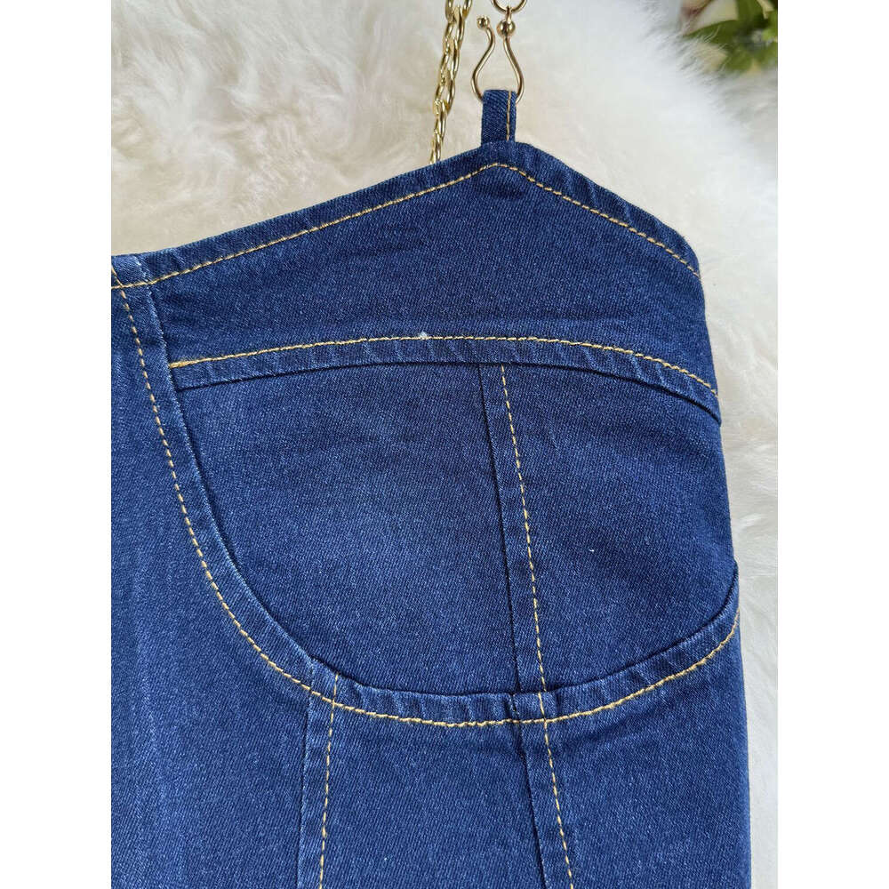 American Spicy Girl Set with Pure Desire Style Chain Hanging Strap Bra Denim Top+high Waist A-line Ruffle Edge Short Skirt Pregnant Womens Dress