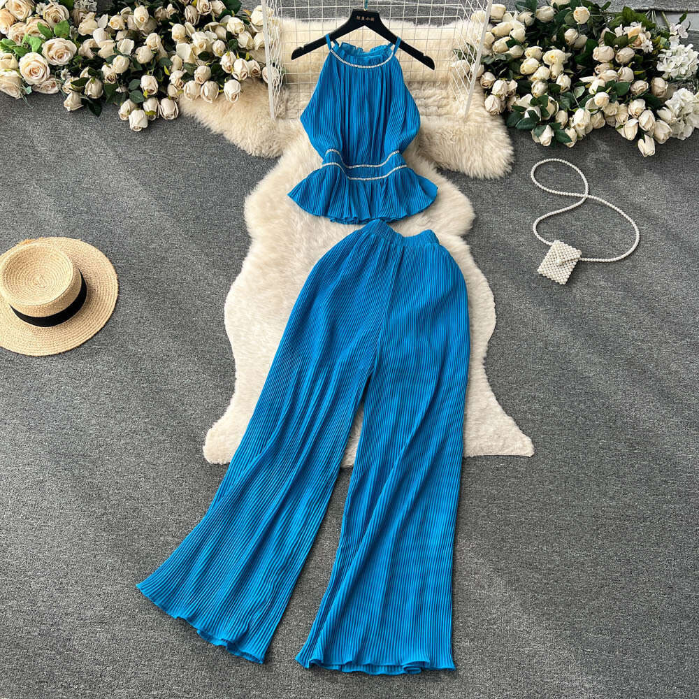 Light Luxury and Socialite Style Fashion Set, Womens Pleated Diamond Hanging Neck Vest+casual High Waisted Wide Leg Long Pants Novelty Pregnant Womens