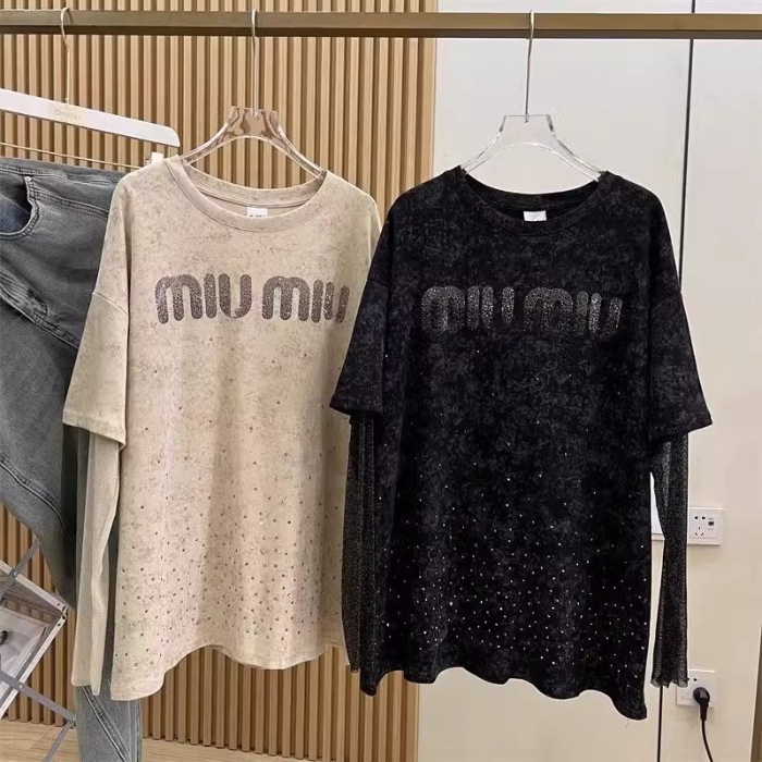 Extra Large 2-300kg Fat mm Heavy Industry Hot Rolled Diamond Letter Full Sky Star Design Sensory Fake Two Lace Long sleeved T-shirts for Women