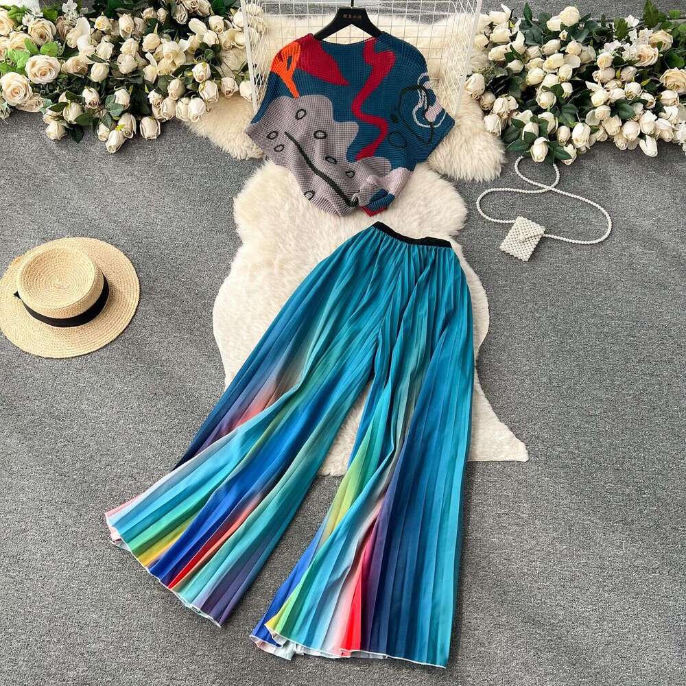 Light Luxury Cut Womens High-end Printed Fashion Set Summer Sleeveless Top+high Waisted Draped Micro Flared Pants Loose Waist SKINNY DRESS Oversize Dr