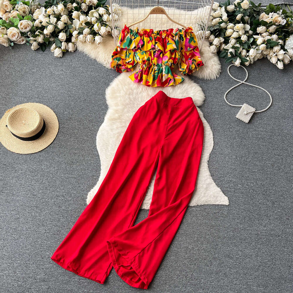 Korean Fashion French One Line Shoulder Lotus Leaf Edge Fragmented Flower Shirt Two Piece Set Womens High Waist Slim Wide Leg Long Pants Loose Round N