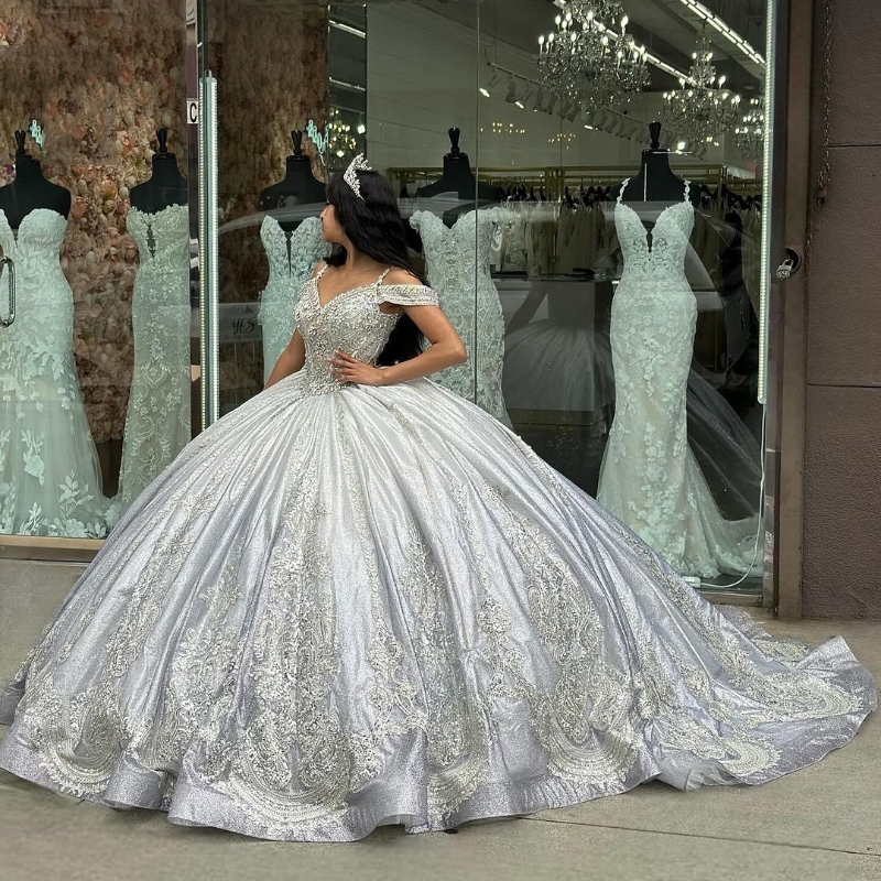 Siery Sequin Quinceanera Dress Ball Gown Off The Shoulder Applique Lace Beads Crystal Party Dresses Ruffel vestidos de quinceaneras