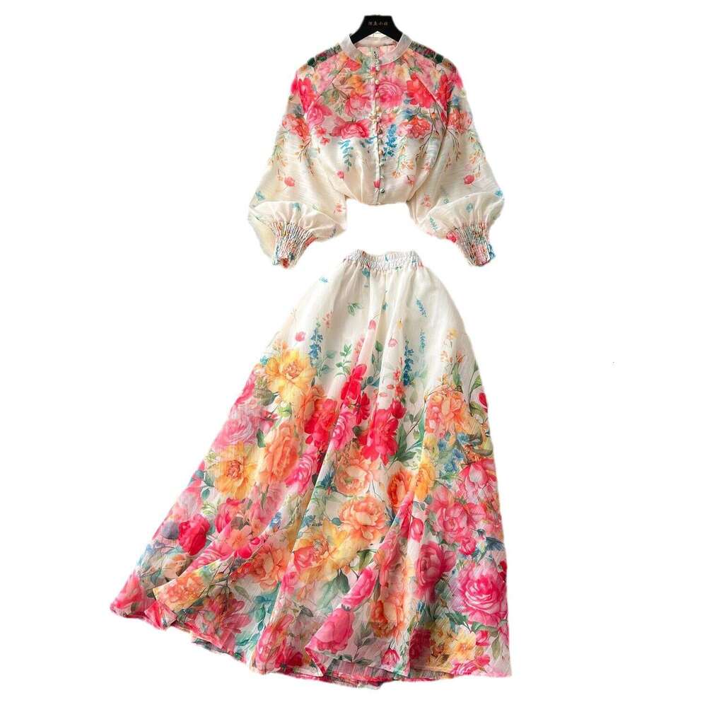 Wind Two-piece Set, Elegant Lantern Sleeve Buckle Slim Fit Top, High Waisted Printed Mesh Skirt Set Sexy Waist Bifurcated Loose High Waist Dress BOHO 