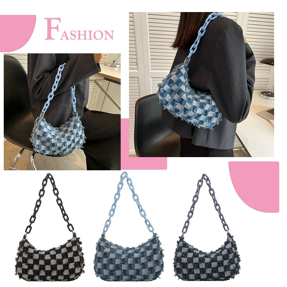 Vintage Denim Women Shoulder Bags Acrylic Chain Female Armpit Handbag Purses Shoulder Handbags for Traveling 240724
