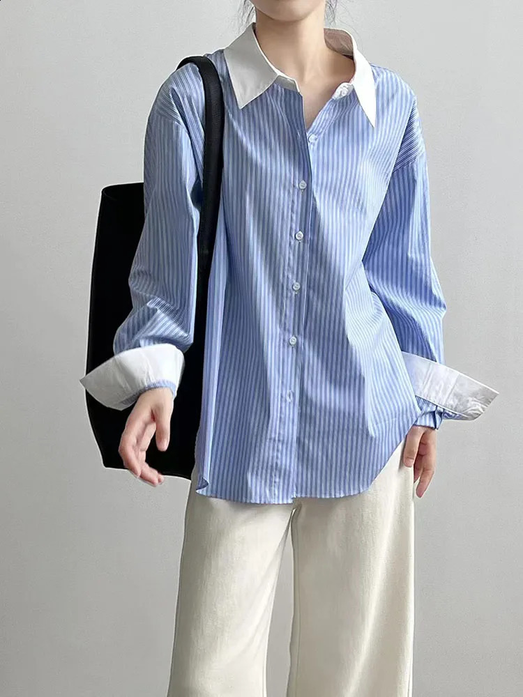 Striped Patchwork Shirt for Women Summer Loose Lapel Office Ladies Long Sleeve Blouses Korean Chic Elegant AllMatch Button Tops 240723