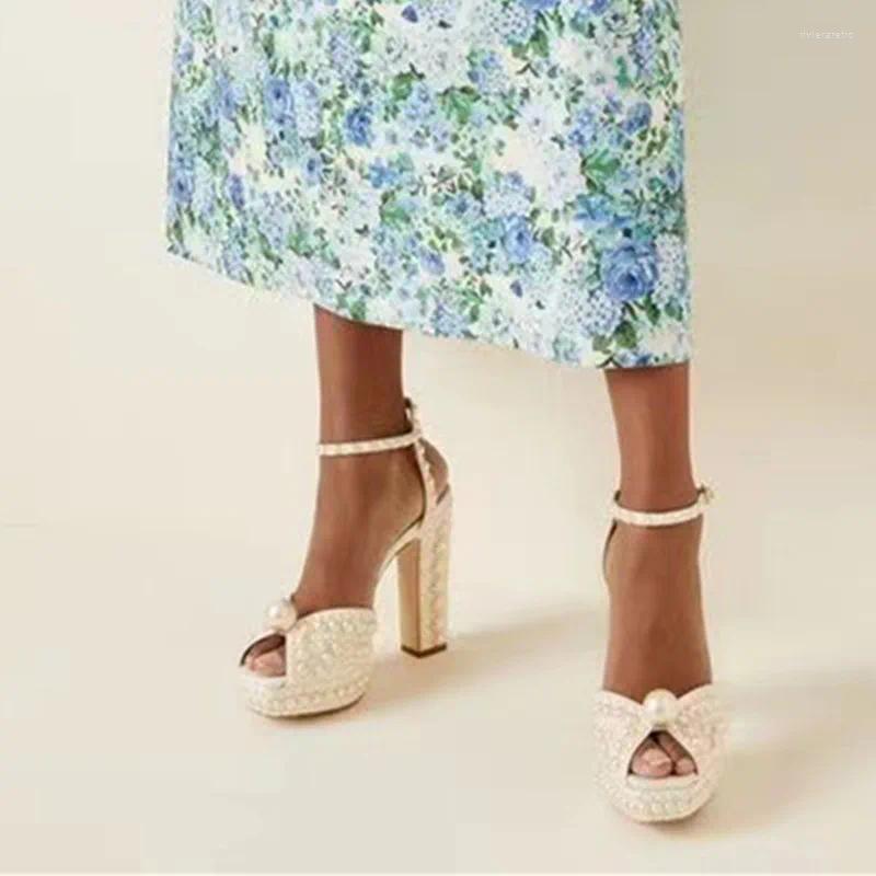Sandals Handmade Beaded Thick Heel Peep Toe Girls High Platform Women Shoes Wedding Dress Designer Pearl