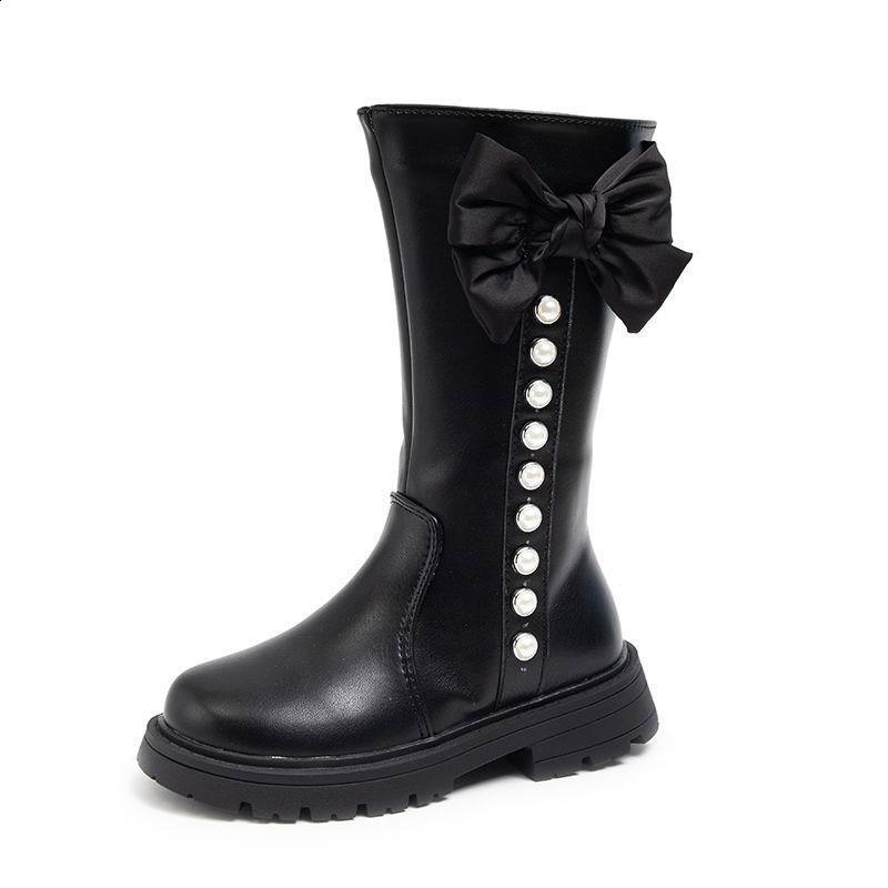 Girls cotton boots childrens fashion princess bow pearl 2023 autumn and winter new item childrens plush warm high tube 221128