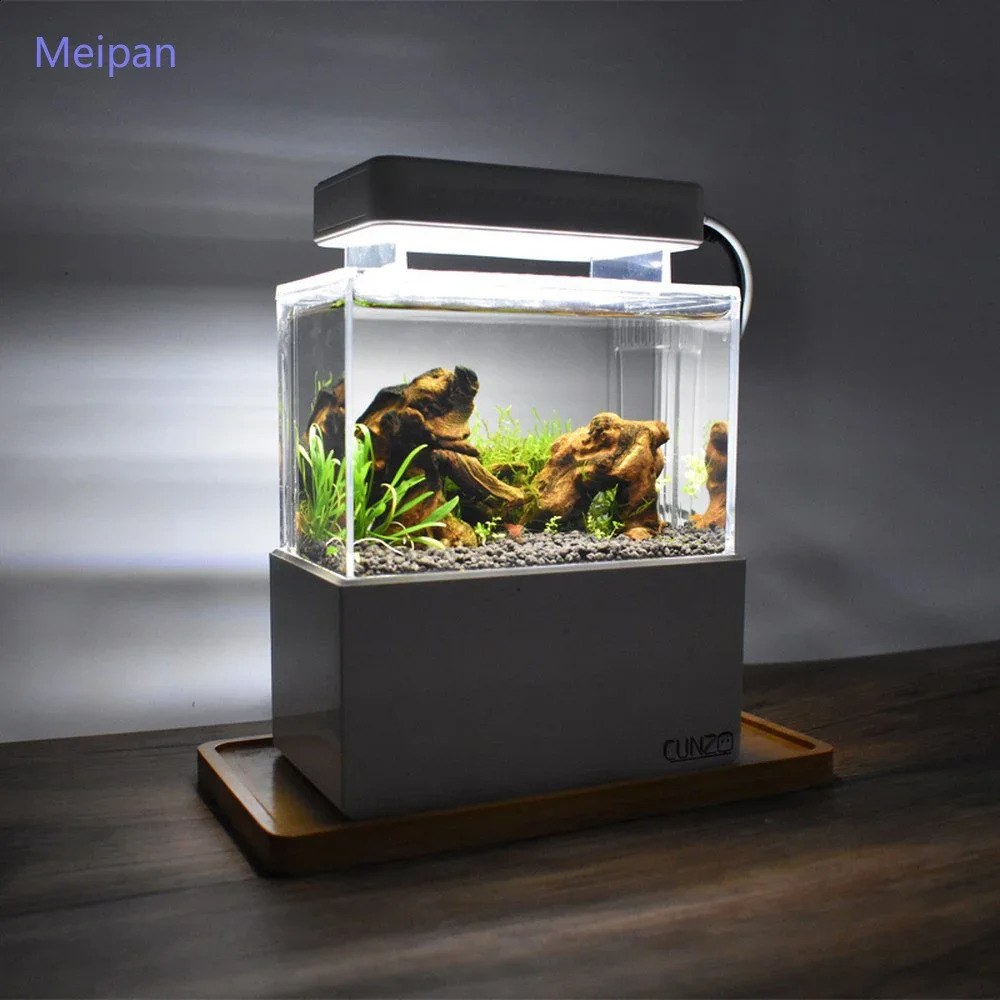 Portable Mini Betta Fish Tank Aquarium Desktop Decorations Marine Aquaponic Fishes Bowl With Water Fliter USB Air Pump LED Light 240723