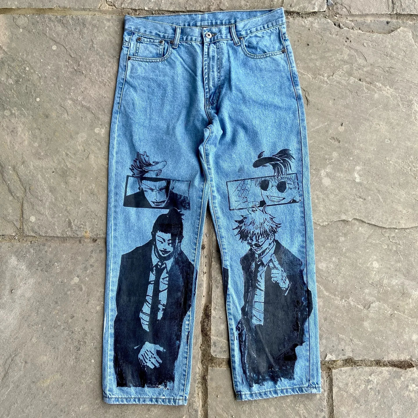 Harajuku Anime Print Wide Leg Baggy Jeans Japanese Style Streetwear Y2k Jeans for Men Women High Waist Trouser Pants 240724