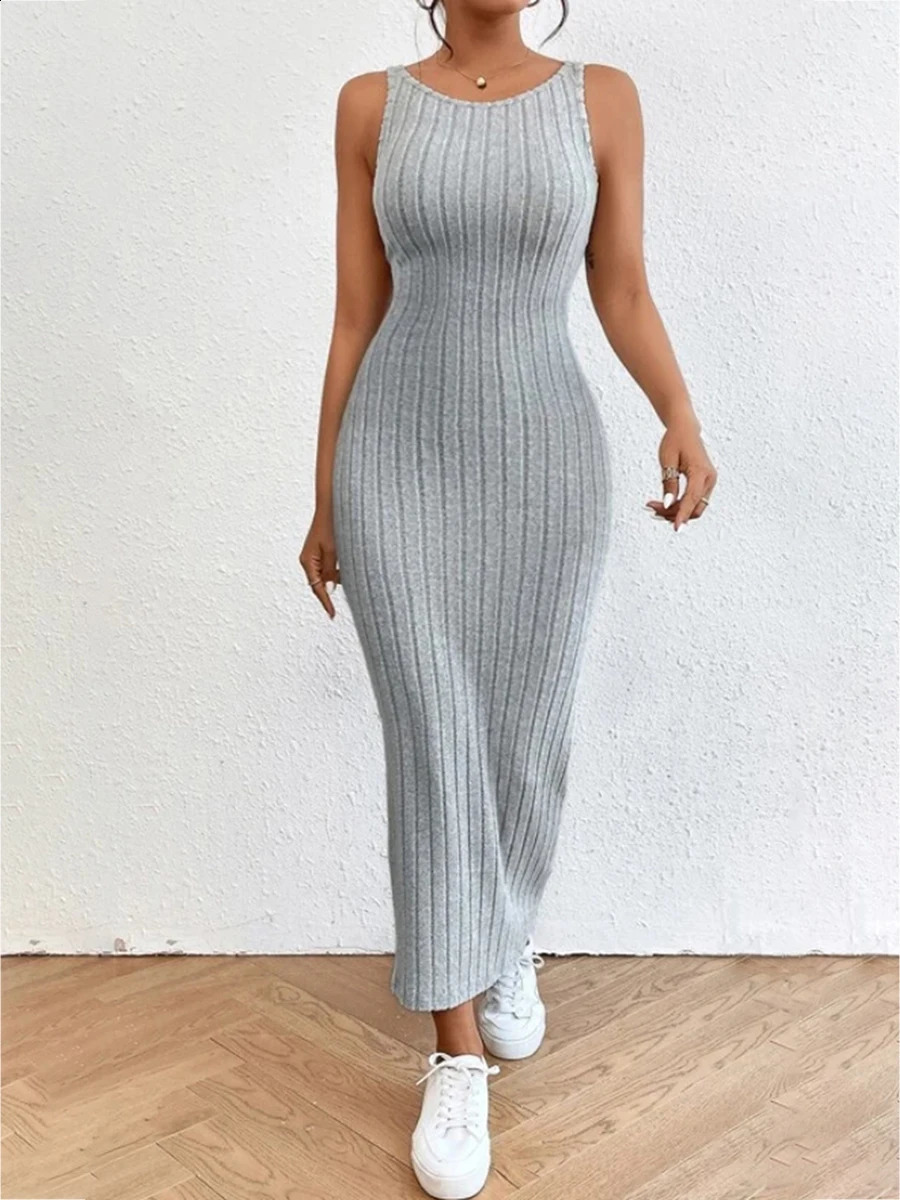 wsevypo Backless Knit Bodycon Long Dress Womens Summer Sleeveless O Neck Tank Dress Street Vacation Beach Casual Sundress 240723
