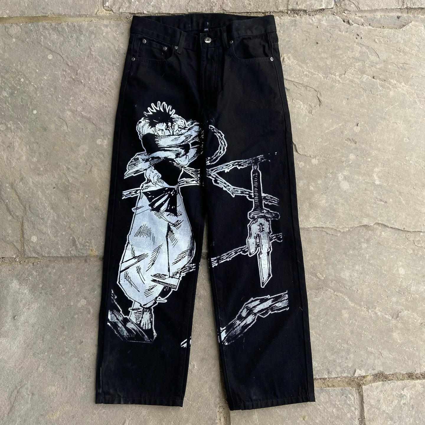 Harajuku Anime Print Wide Leg Baggy Jeans Japanese Style Streetwear Y2k Jeans for Men Women High Waist Trouser Pants 240724