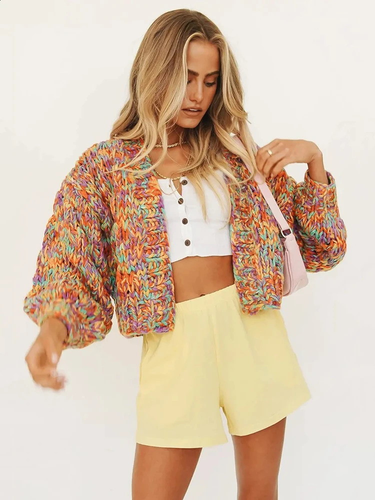Coarse Wool Knit Cardigan Round Neck Multi-Color Rainbow Sweater For Women Needle Hand Made High Quality C-197 240724