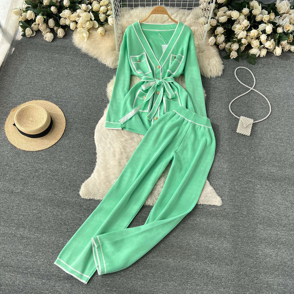 Autumn and Winter Gentle Wind Contrast Color for Women+long Sleeved V-neck Lace Up Knitwear+hanging Wide Leg Pants Two Piece Set High Waist Dress Deni