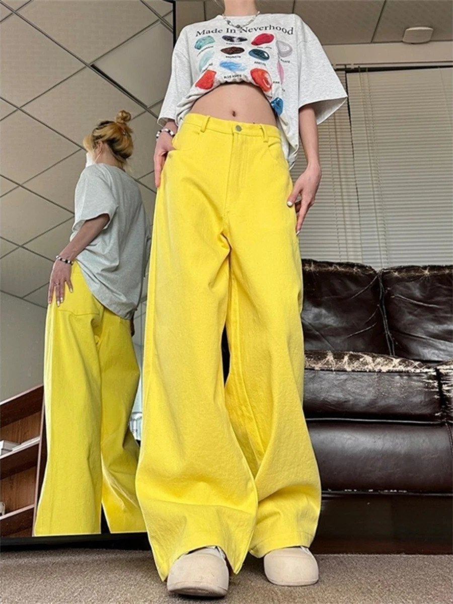 High Waist Chic Simplicity Versatile Wide Leg Baggy Jeans For Women Casual Streetwear Yellow Female Y2k Pants Denim Trousers 240806