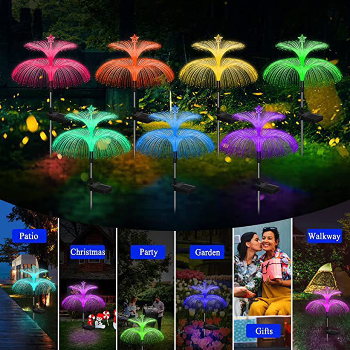 Solar double-layer jellyfish fiber optic holiday courtyard decoration landscape light pentagram rainbow transparent tube ground plug light