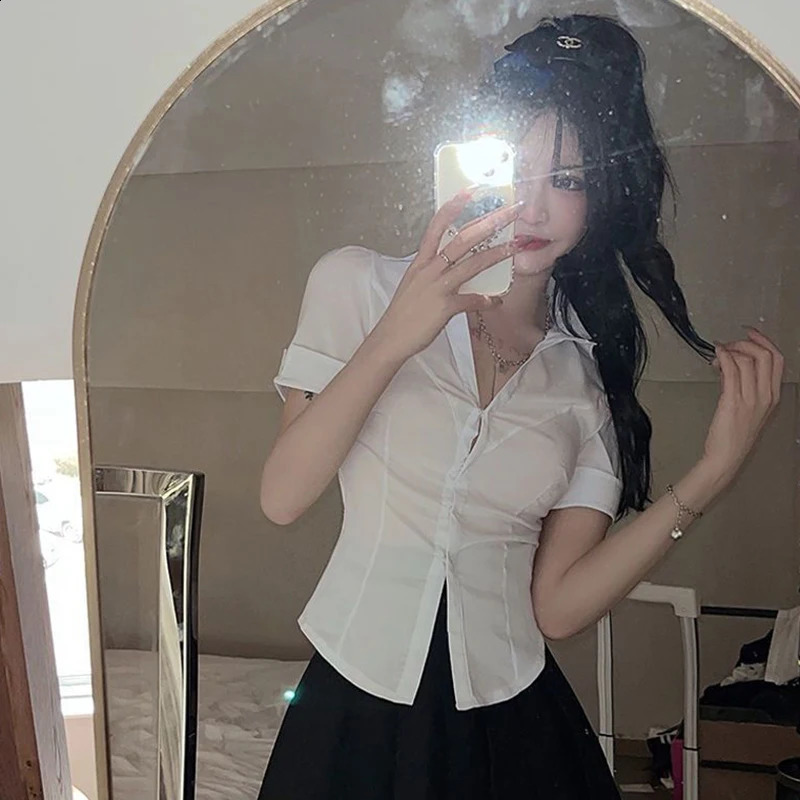 Xpqbb White Shirts for Women Korean Style Slim Fit Short Sleeve Cropped Blouse Ladies Preppy Student Turndown Collar Shirt 240723