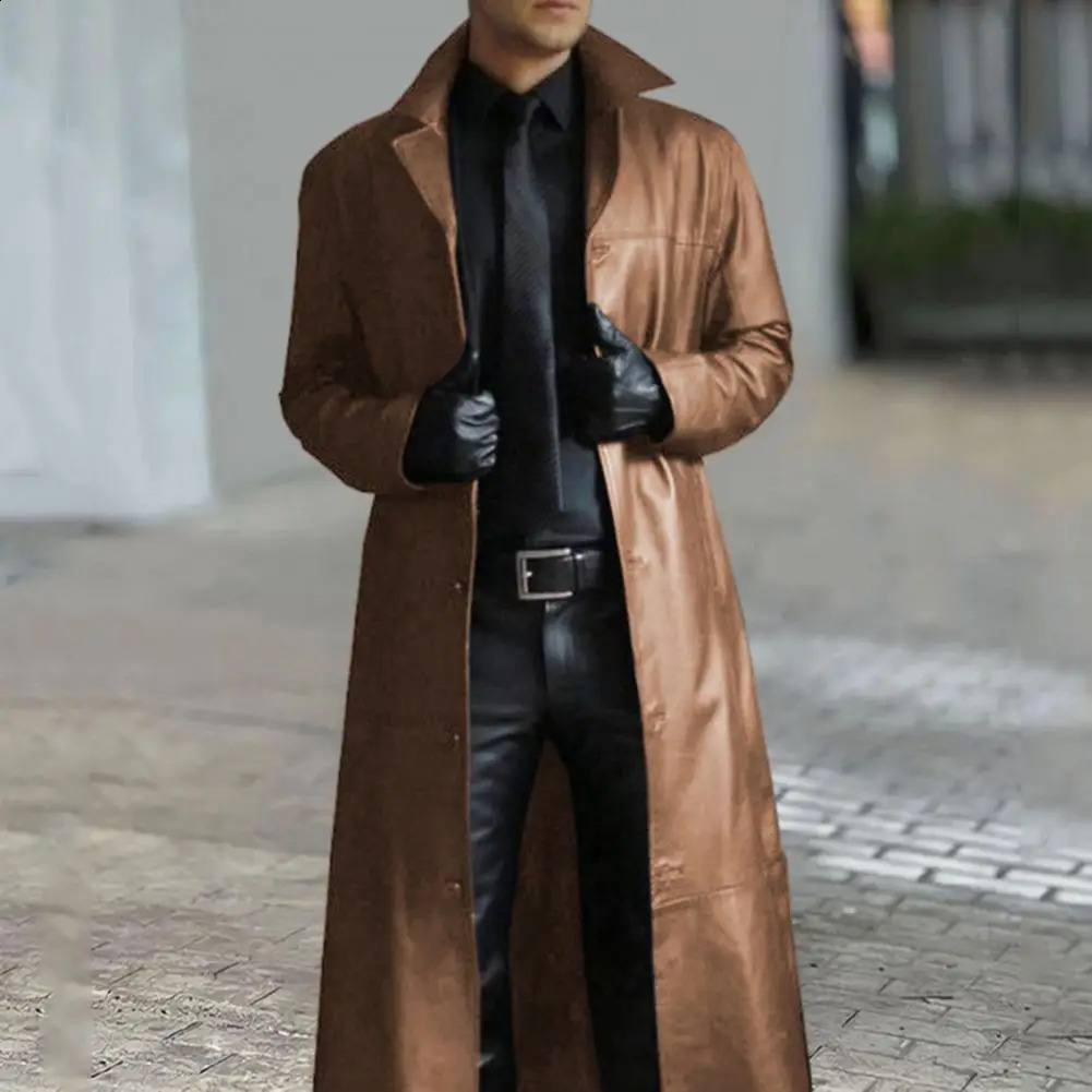 Men Jacket Turn-down Collar Smooth Faux Leather Men Fall Coat Windproof Streetwear Slim Fit Long Sleeve Men Trench Coat 240716
