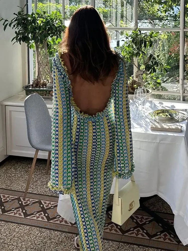 Spring Summer Elegant Long Dresses for Women Casual Loose Sexy Contrast Color Knitting Maxi Dress Backless Traf Official Store 240724