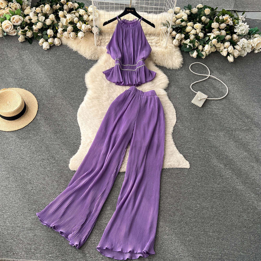 Light Luxury and Socialite Style Fashion Set, Womens Pleated Diamond Hanging Neck Vest+casual High Waisted Wide Leg Long Pants Novelty Pregnant Womens