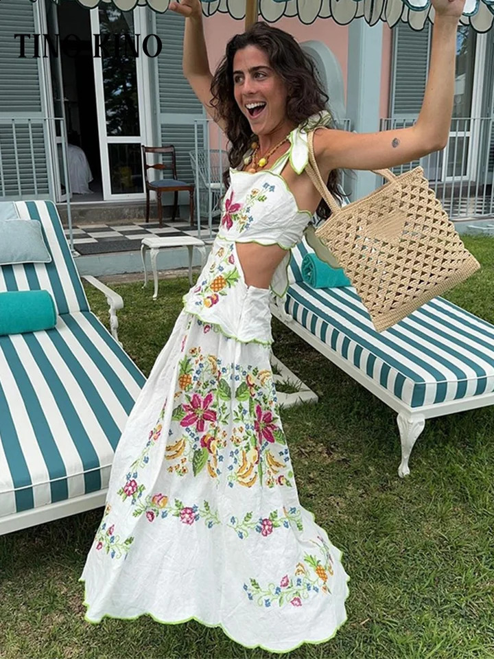 Chic Printed Hollow Out Long Dress Women Ruffles Lace Up Sleeveless Backless Sling Dresses 2024 Summer Chic Lady Holiday Robe 240723