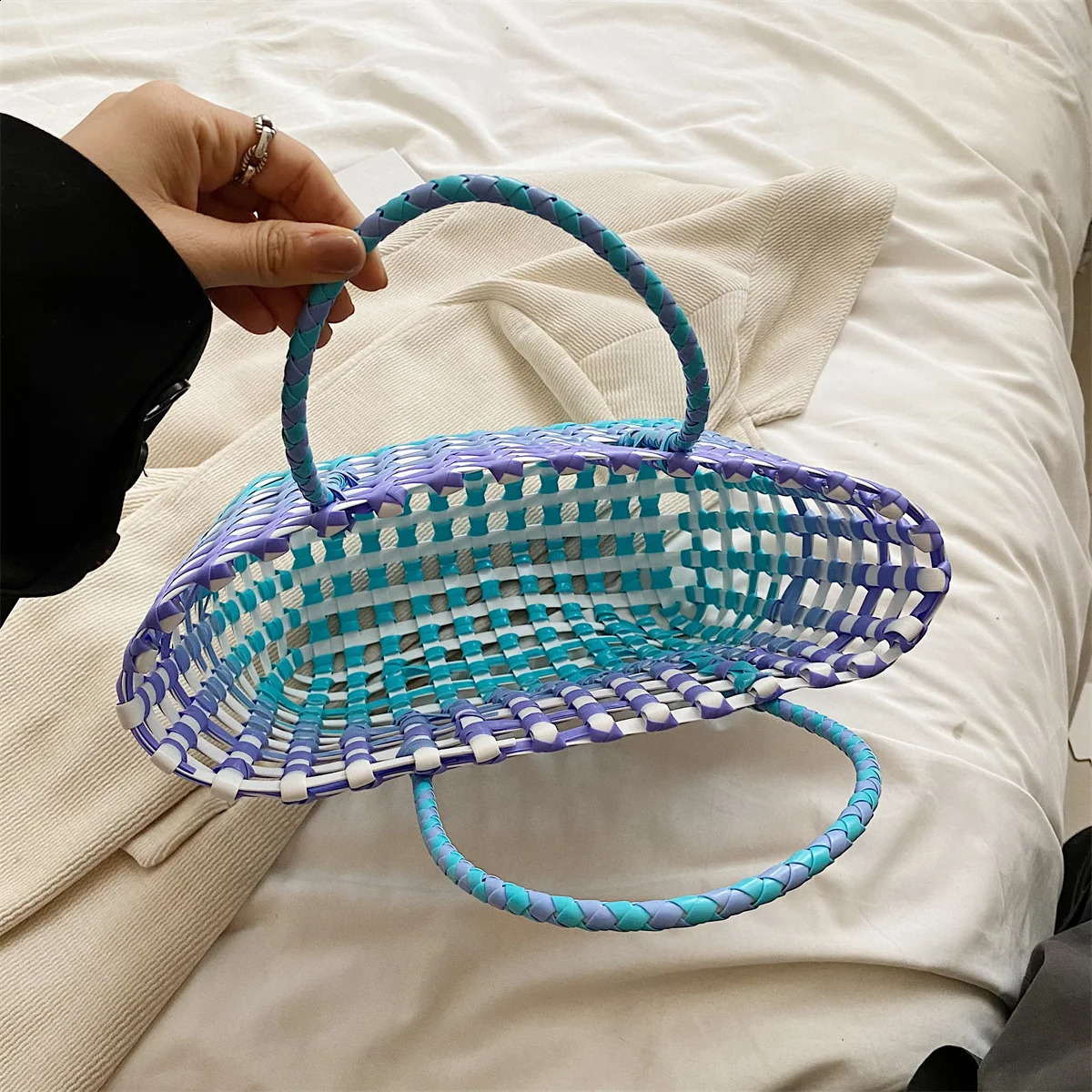 PVC Woven Tote Bag Summer Beach Large Capacity Cute Jelly Hollow Out Plastic Hobo Market Basket 240723