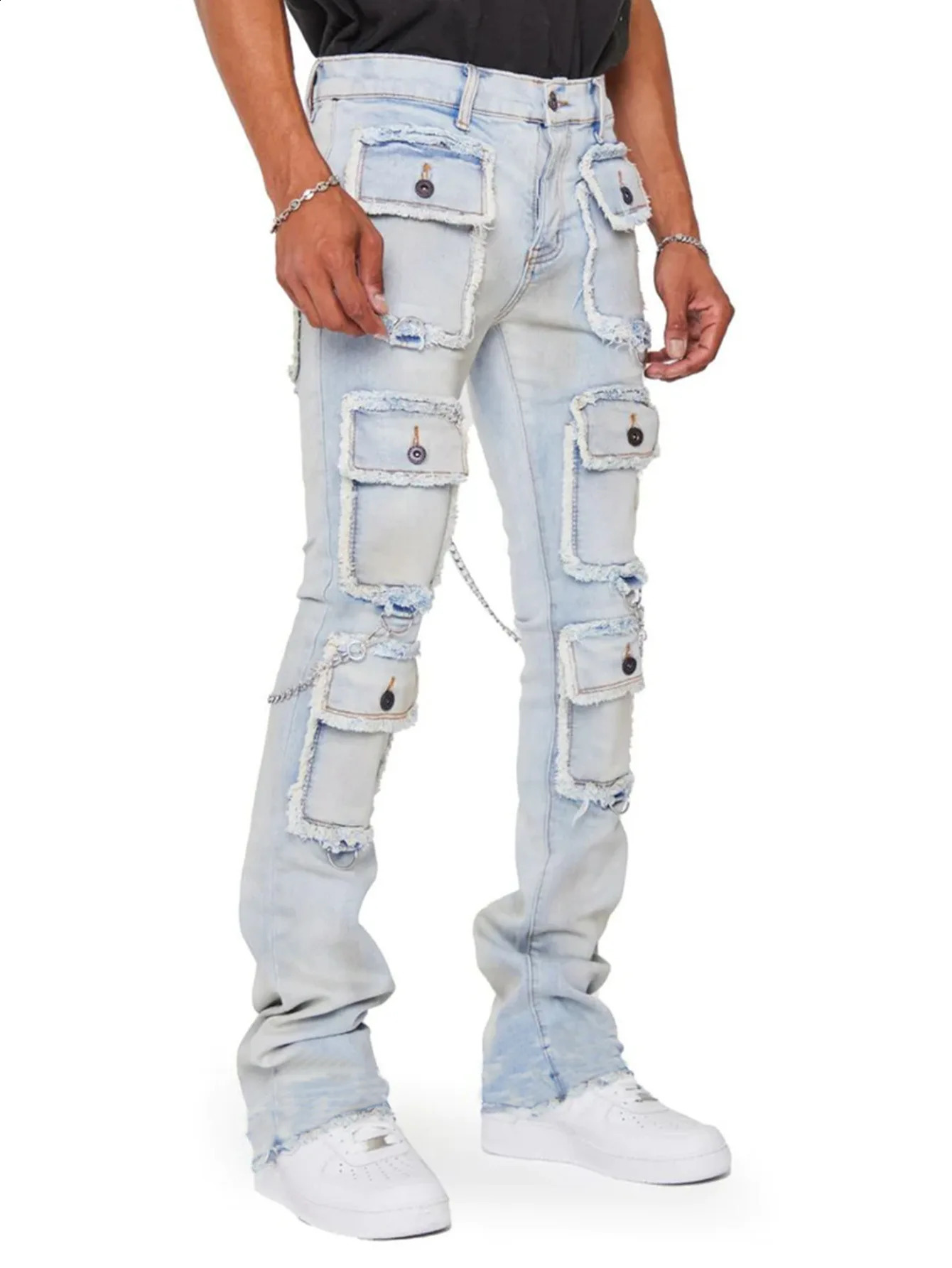 Mens stacked jeans jogging pants street multi pocket mens jeans ultra-thin fit denim jeans240812