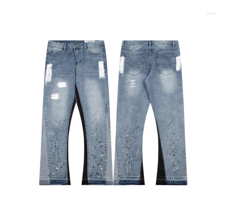 Designer Men's Jeans Gd American Retro Washed Letter Spliced Denim Trousers High Street Trendy Brand Couple Loose Straight Micro-Flared Long B5