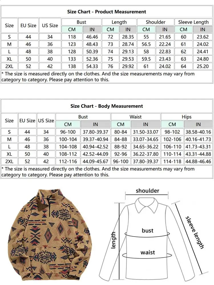 Hoodie for Men Fuzzy Faux Sherpa Zipper Sweatshirts Ethnic Print Fluffy Streetwear Pullover Fall Winter Turtleneck Hoodies y240822