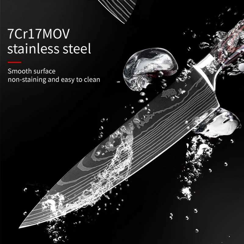 7CR17 Japanese Kitchen Knife Set Laser Damascus Pattern Chef Knife Sharp Santoku Chop and Slice Practical Knife Tool X241102