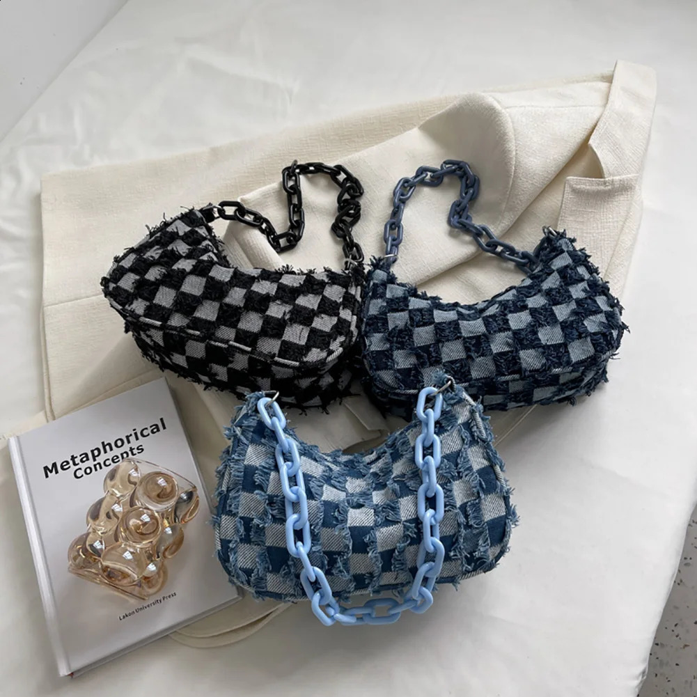 Vintage Denim Women Shoulder Bags Acrylic Chain Female Armpit Handbag Purses Shoulder Handbags for Traveling 240724