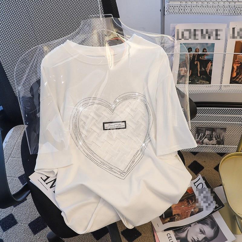 2024 New Summer Loose Size 200kg Heavy Industry Love Hot Diamond Cotton Round Neck Short Sleeve T-shirt Women's Trend