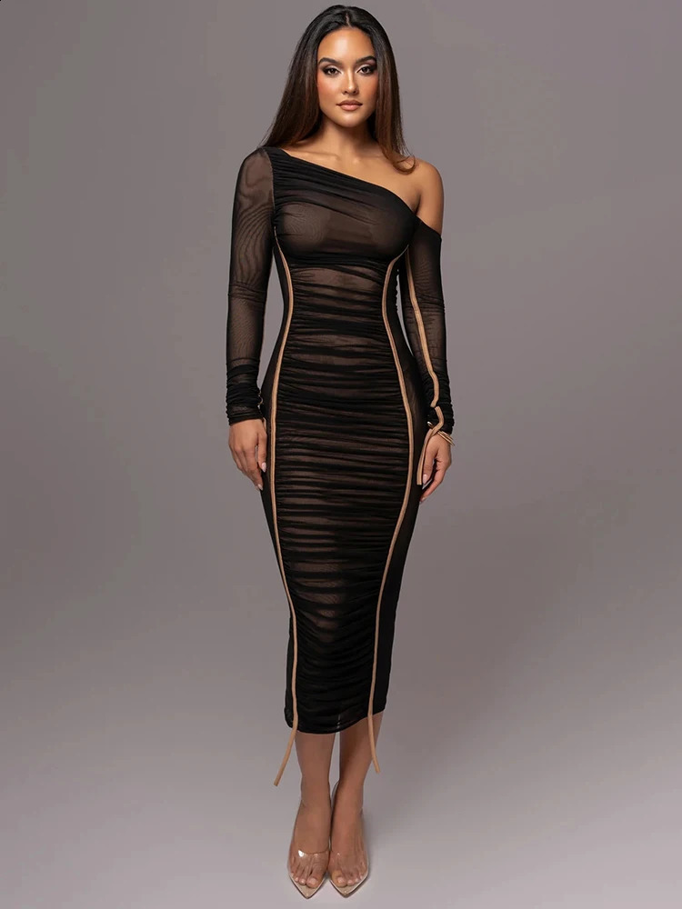Mozision Diagonal Collar Long Sleeve Midi Dress For Women Two Layer Mesh Backless Ruched Bodycon Club Party Sexy Long Dress 240816