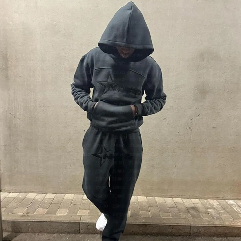 Harajuku hoodie Men Y2k Hip hop letter graphic printed hooded sweatshirt Punk rock oversized jumper loose sweatpants suit 240724