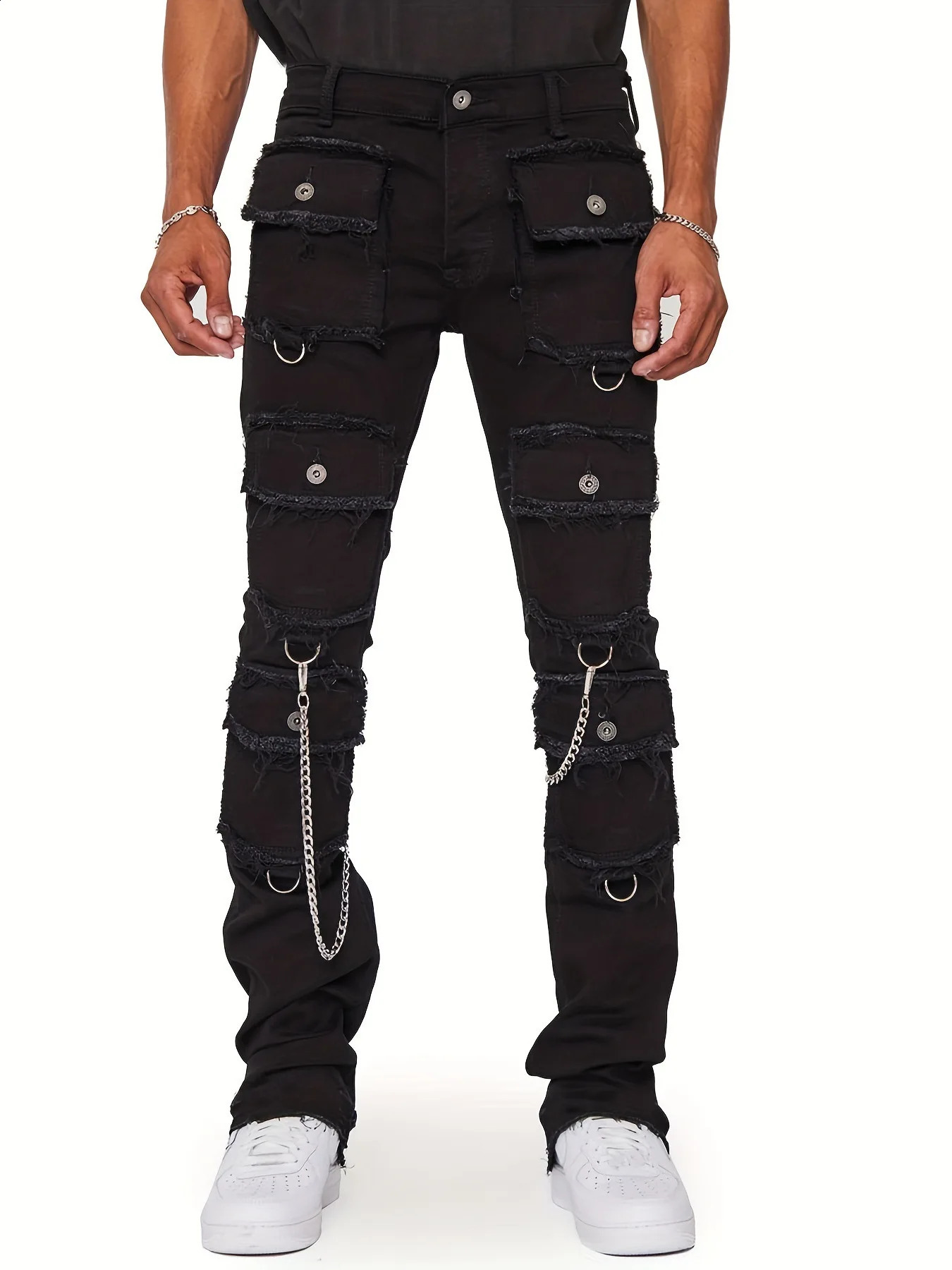 Mens stacked jeans jogging pants street multi pocket mens jeans ultra-thin fit denim jeans240812