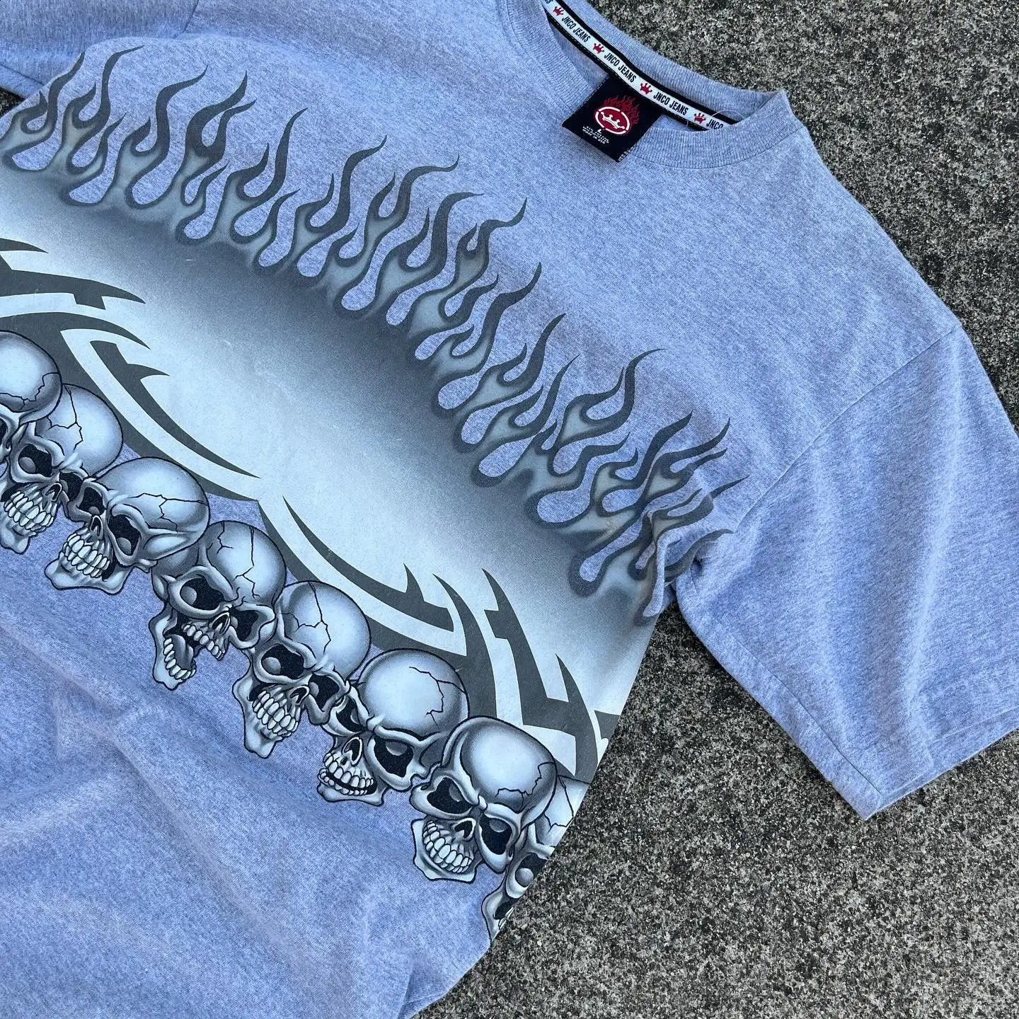 JNCO Gothic Men Loose Flame Skull Print T-shirts Y2k Harajuku Cotton O Neck Short Sleeve Oversized Top Retro American Streetwear 240723
