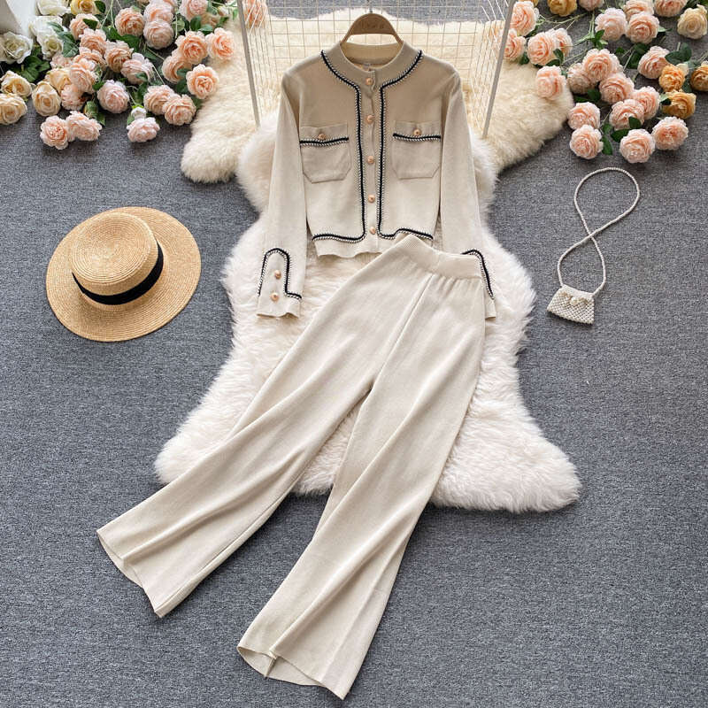 Light Mature Style Knitted Suit for Women in Autumn, New Design Sense, Single Breasted Cardigan, High Waist, Slim and Wide Leg Pants, Two-piece Set De