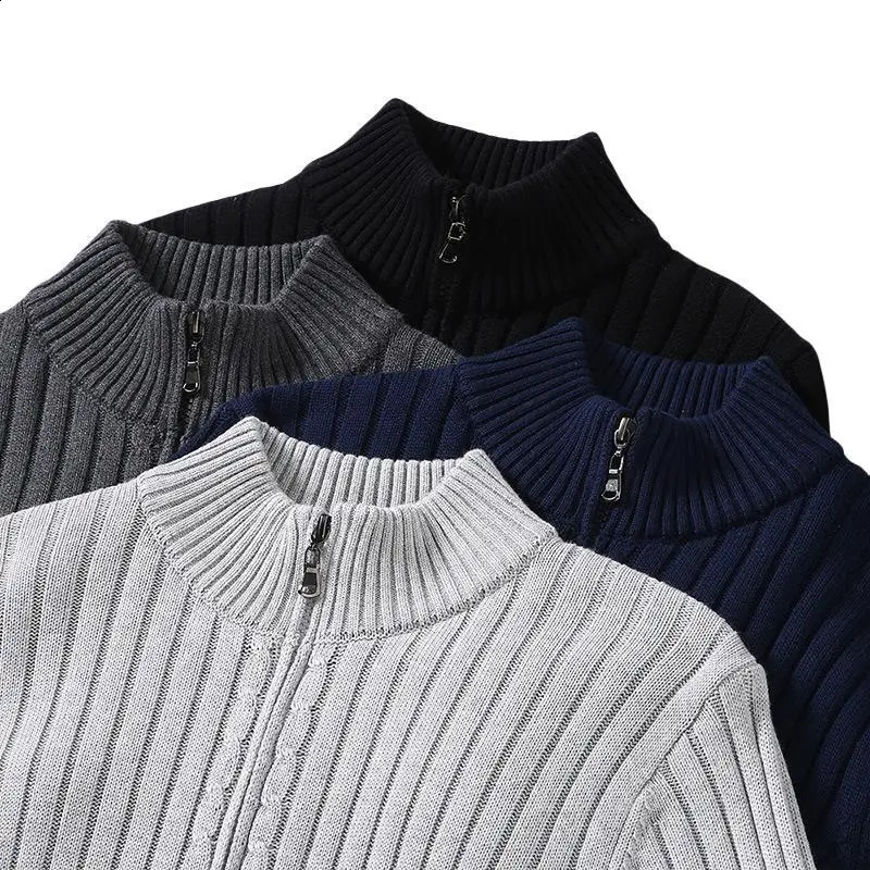 Autumn Winter Men Cardigan Sweater Mens Stand Collar Zipper Cotton 100% Thickened Knit Solid Color High Street Clothes 240816
