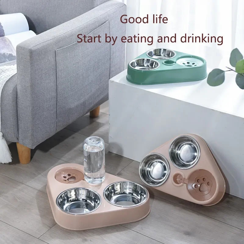 Dog And Cat Self-service Feeder Anti-knock Double Bowl Water Bottle Pet Supplies Stainless Steel Feeder Cat Drinking Fountain 240723
