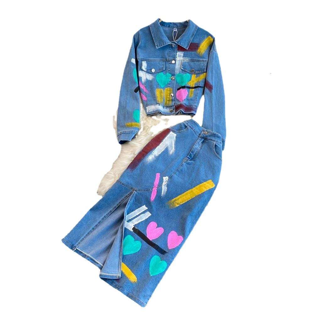 Fashion Womens Hong Kong Style Temperament Graffiti Denim Two-piece Set High Waisted A-line Split Skirt Autumn Self-cultivation Short Waist Round Neck