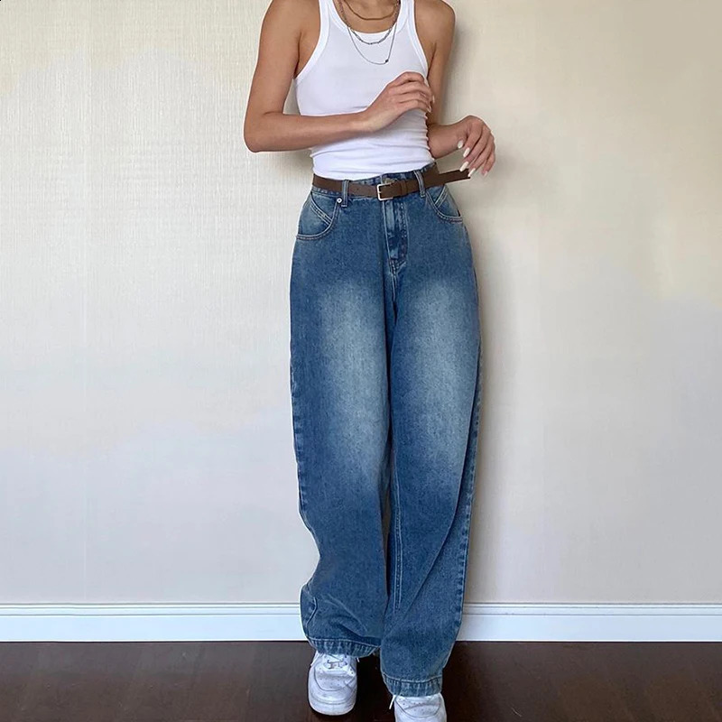 Rimocy 2024 Dark Blue Baggy Jeans Women Grunge Y2K High Waist Wide Leg Denim Trousers Woman Fashion Boyfriend Mom Pants Female 240821