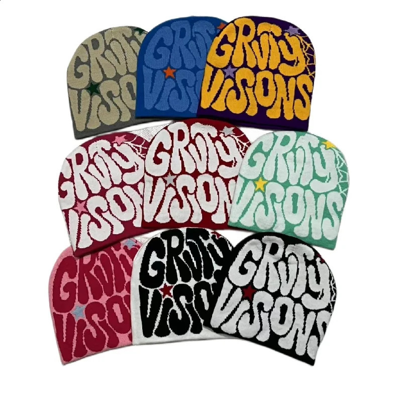 Pullover Beanie Hat Men Women Letter Spider Web Pattern Knitted Beanies Autumn Winter Warm Hip Hop Y2k Bonnet Acrylic Cap 240716
