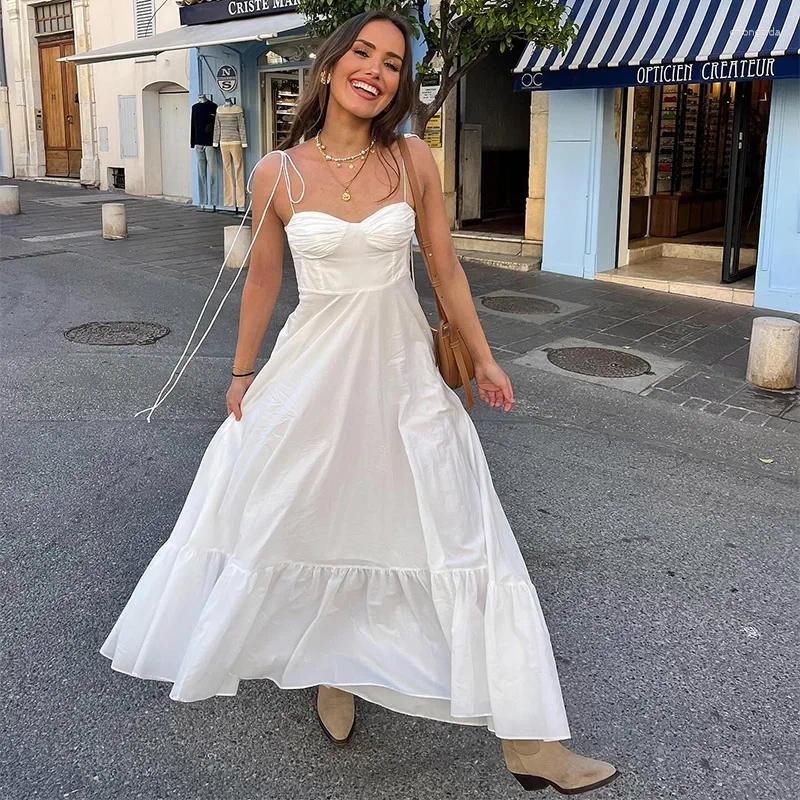 Casual Dresses Sexy Strap A-line Dress Women Elastic High Waist Ruffle Hem Sleeveless Backless Long White Summer Tube Top Robe