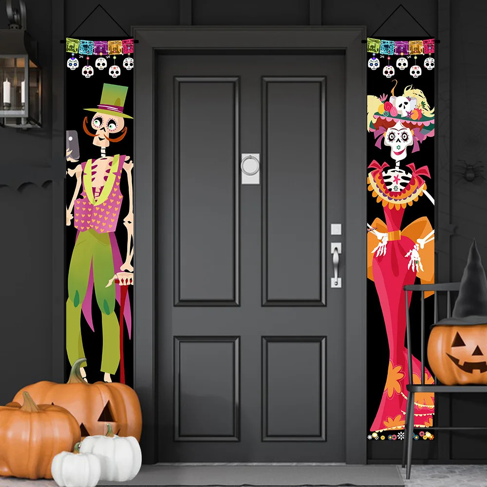 Mexican Day Of The Dead Party Porch Sign Halloween Hanging Door Curtain Banner Hanging Porch Sign Home Welcome Signs Party Decor 240724