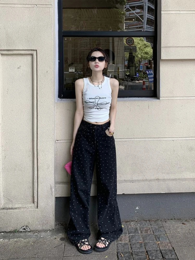 Black Polka Dot Straight Jeans Women High-waisted Loose Wide Leg Pants Autumn Winter Fashion Korean Y2k Streetwear Long Trousers 240812