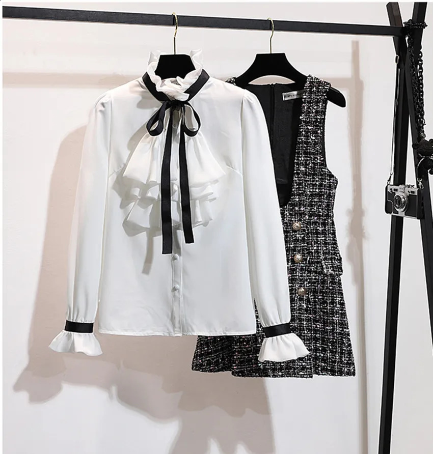 S-XXL Autumn Winter 2 Piece Set Dress Fashion Women Chiffon Ruffles Bow Shirt Double-breasted Plaid Tweed Dress Set 240724